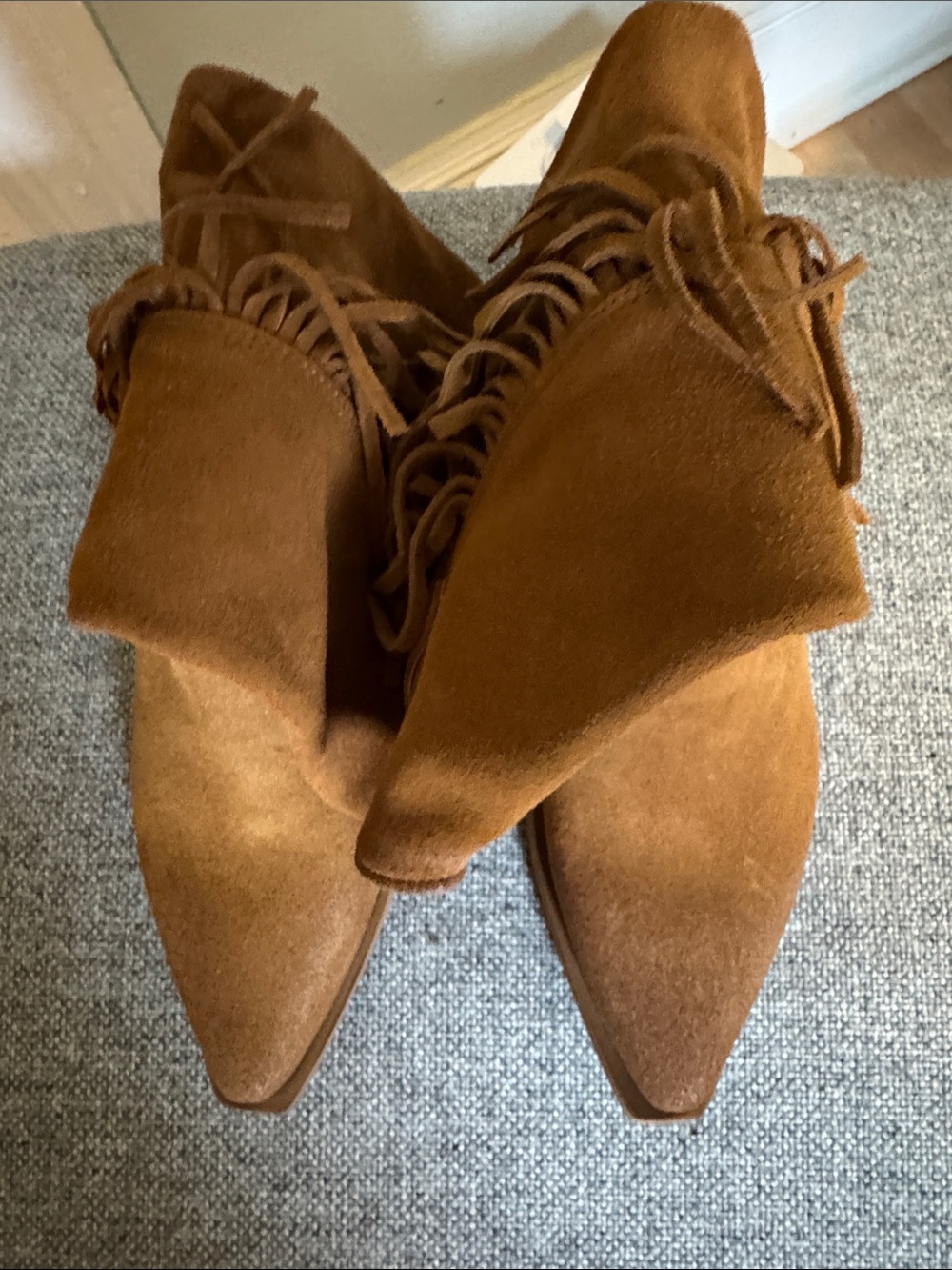 Sundance Brown Suede Fringe Pointed Ankle Booties